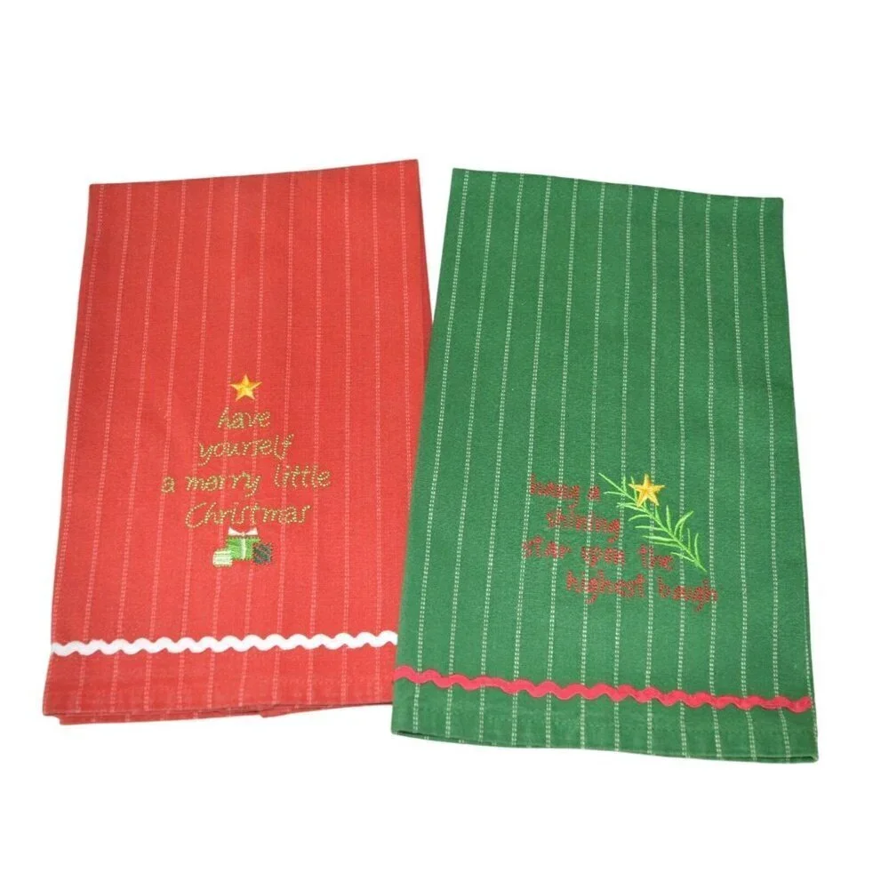 2 Pack Christmas Holiday Hand Tea Towel Set Red Green Striped Country Kitchen